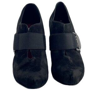 JESSICA SIMPSON Black Suede Heeled Booties With Large Buckle Accent & Elastic St